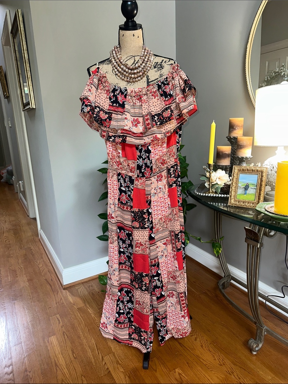 Umgee Red, Black & Cream Off-Shoulder Patchwork Jumpsuit NWT size large